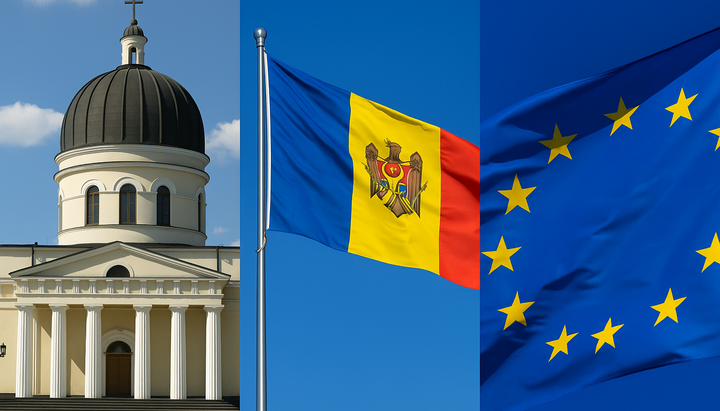 Кафедральный собор в Кишиневе и флаги Молдовы и ЕС