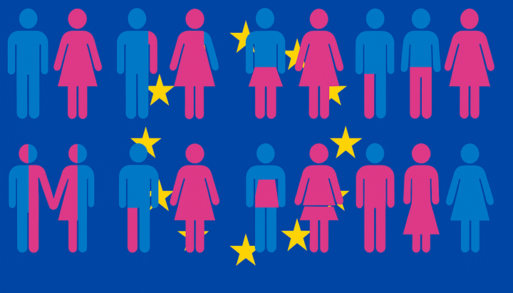 Illustration: Gender diversity symbols against the flag of the European Union