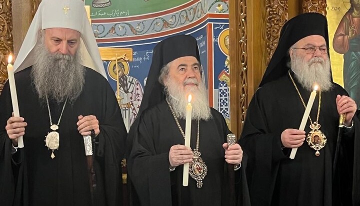 Патриарх Сербии Порфирий, Патриарх Иерусалима Феофил III и Патриарх Антиохии Иоанн X «Акабский процесс – межрелигиозный диалог на Балканах». Фото: Orthodoxia News Agency