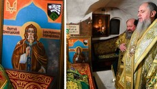 Думенко показал «икону» Илии Муромца у его мощей в Лавре с усами и двузубом