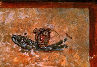 Рыба и корзина с хлебом &mdash; раннехристианская евхаристическая символика. Фреска из крипты Луцины в катакомбах святого Каллиста в Риме, III век. Источник: Wikimedia Commons. Public Domain.